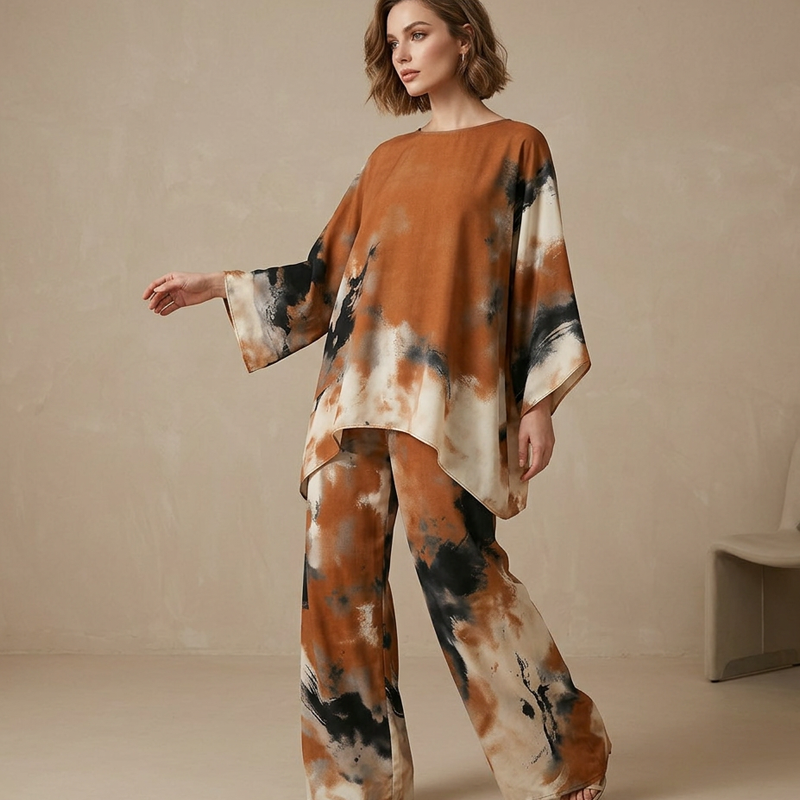 Falvynna - Women's two-piece abstract print oversize tunic wide leg pants set