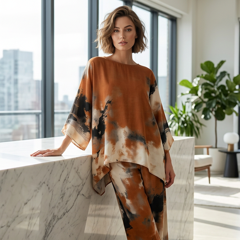 Falvynna - Women's two-piece abstract print oversize tunic wide leg pants set