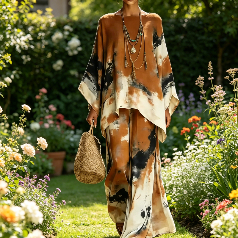 Falvynna - Women's two-piece abstract print oversize tunic wide leg pants set