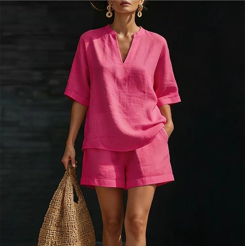Jynalora - Women's Elegant Casual Summer V-Neck Blouse and Shorts Set