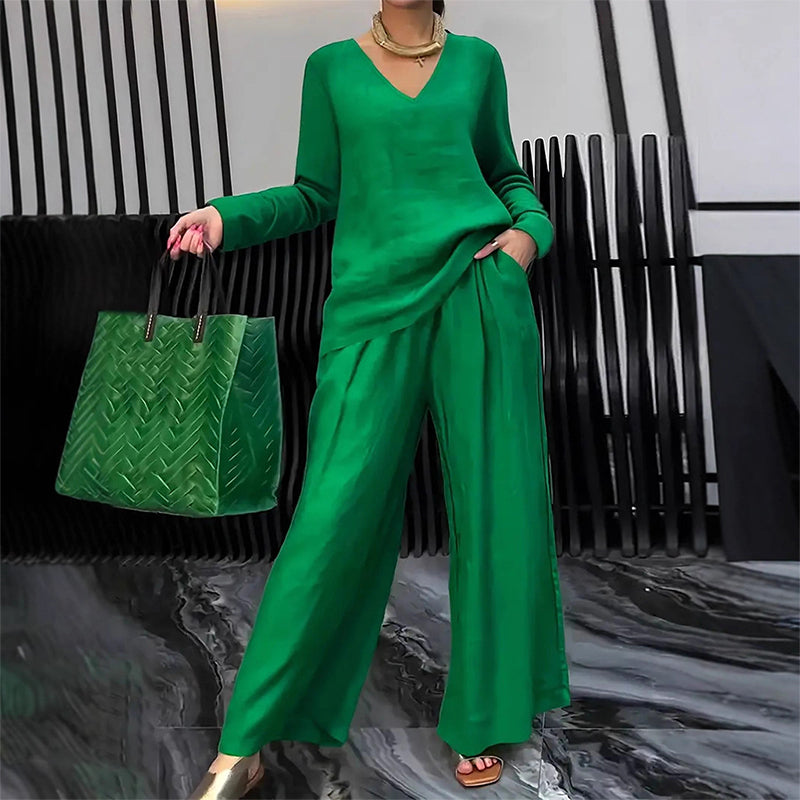 Sovalyne - Women's Casual V-Neck Top and Flowy Wide-Leg Pants Set
