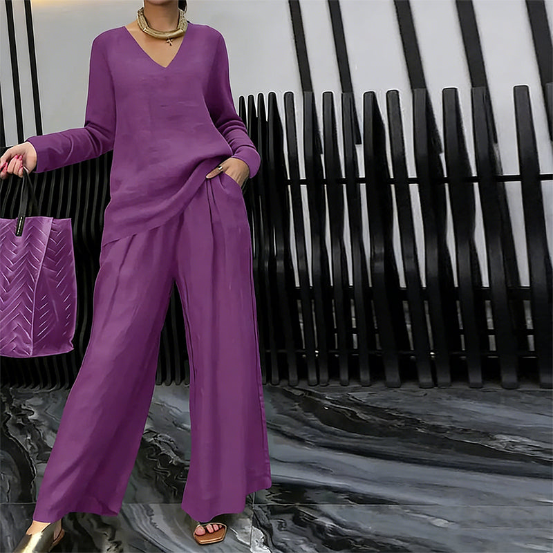 Sovalyne - Women's Casual V-Neck Top and Flowy Wide-Leg Pants Set