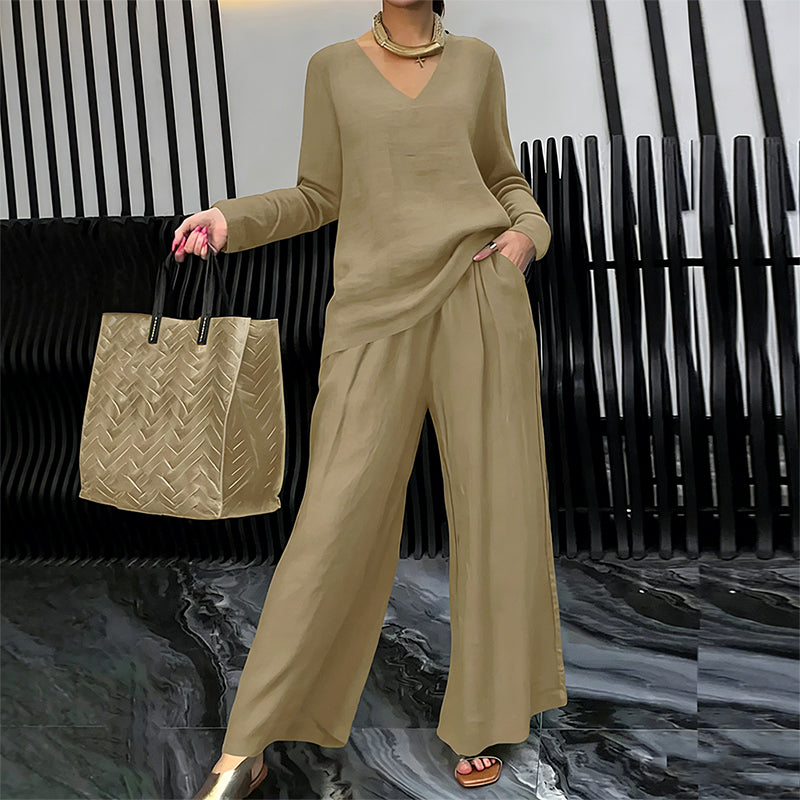 Sovalyne - Women's Casual V-Neck Top and Flowy Wide-Leg Pants Set