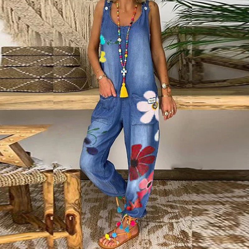Jovalythra - Women's Casual Loose Fit Floral Denim Jumpsuit