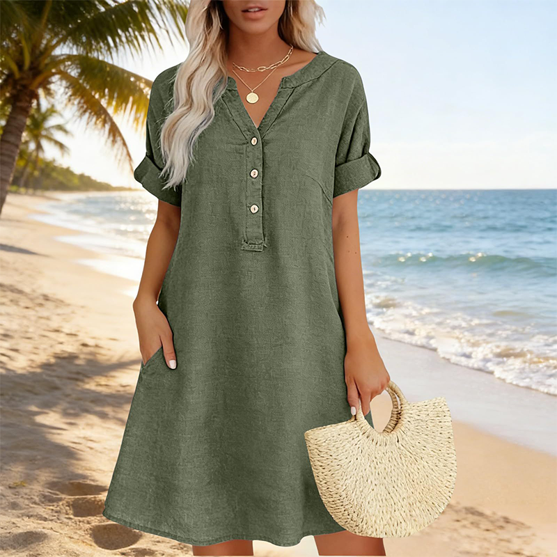 Fynessa - Women's Cotton Tunic Dress with V-neck and Pockets
