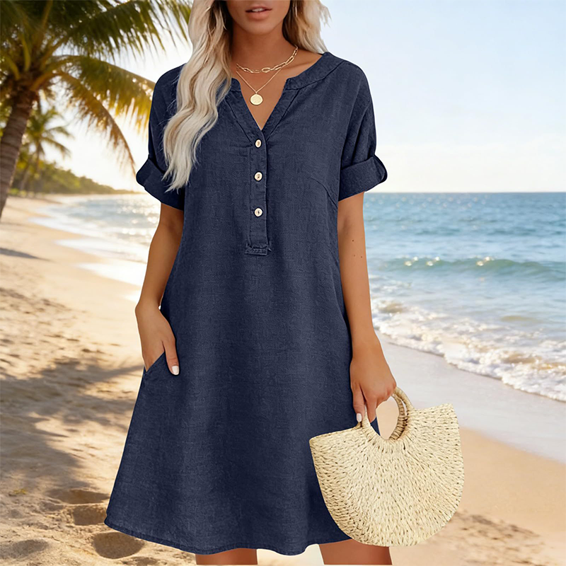 Fynessa - Women's Cotton Tunic Dress with V-neck and Pockets