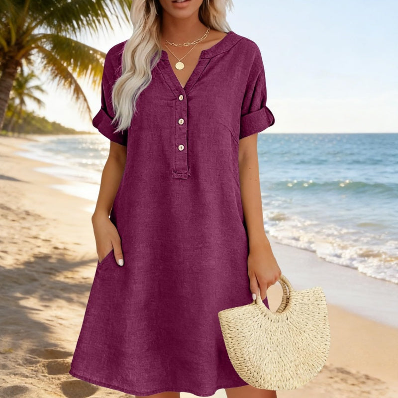 Fynessa - Women's Cotton Tunic Dress with V-neck and Pockets