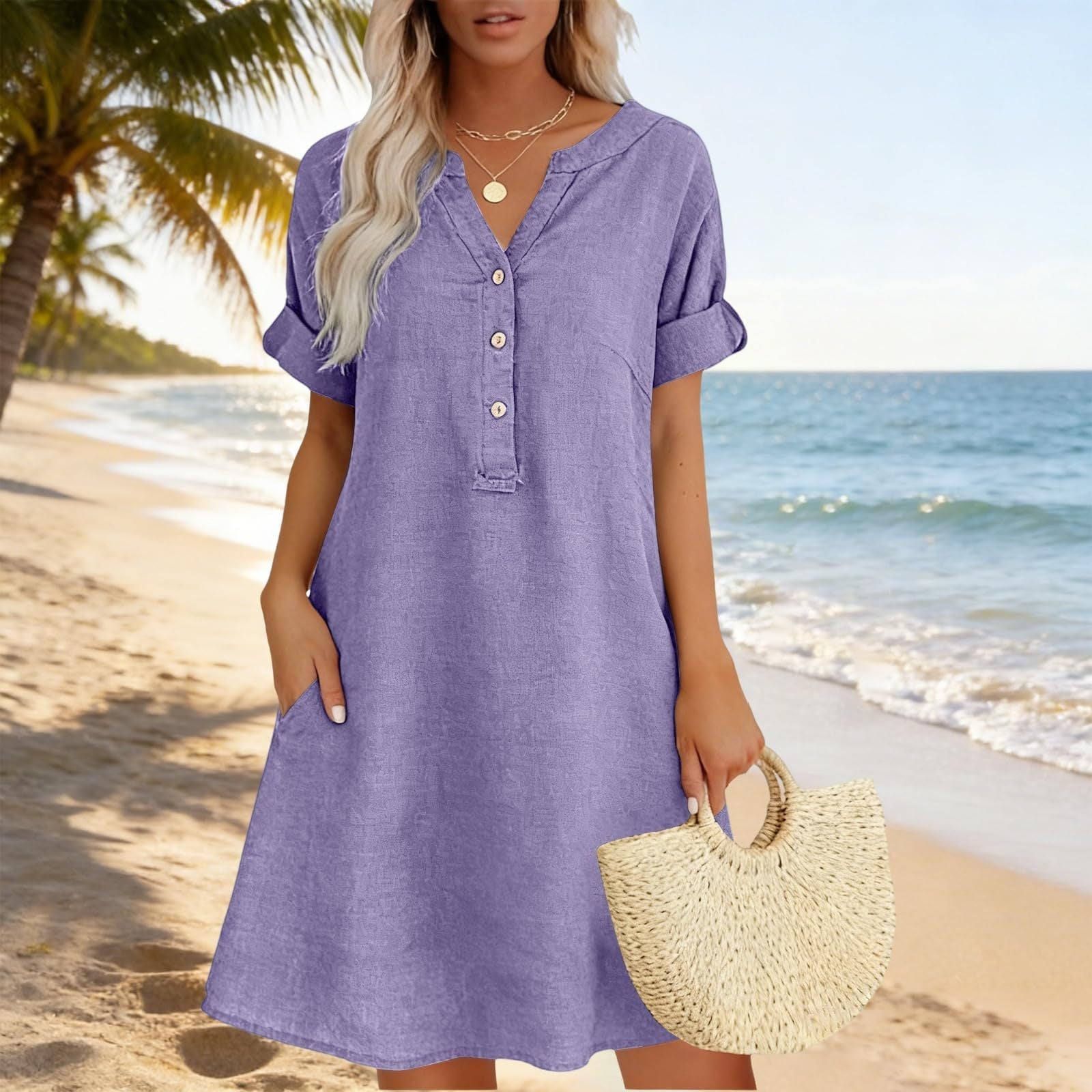 Fynessa - Women's Cotton Tunic Dress with V-neck and Pockets