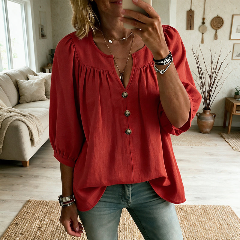 ✨ Blouse à Col V Élégante avec Manches 3/4 – Douce, Respirante & Stylée💕
