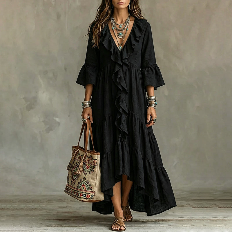 Amandra - Robe midi femme à volants avec col V