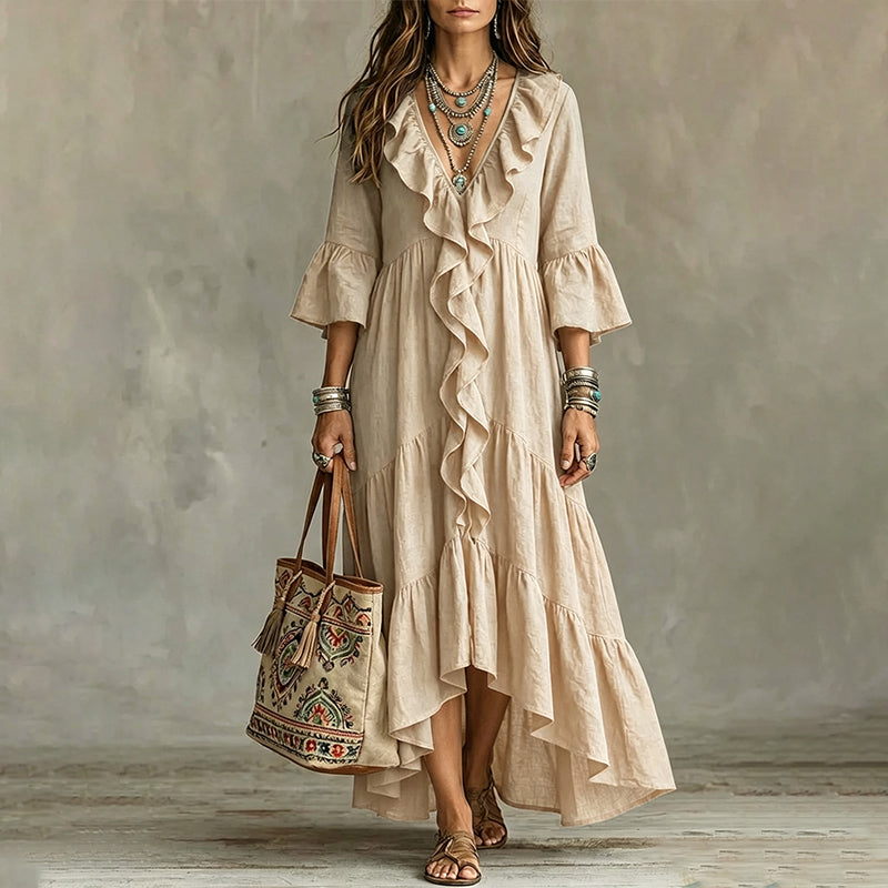 Amandra - Robe midi femme à volants avec col V