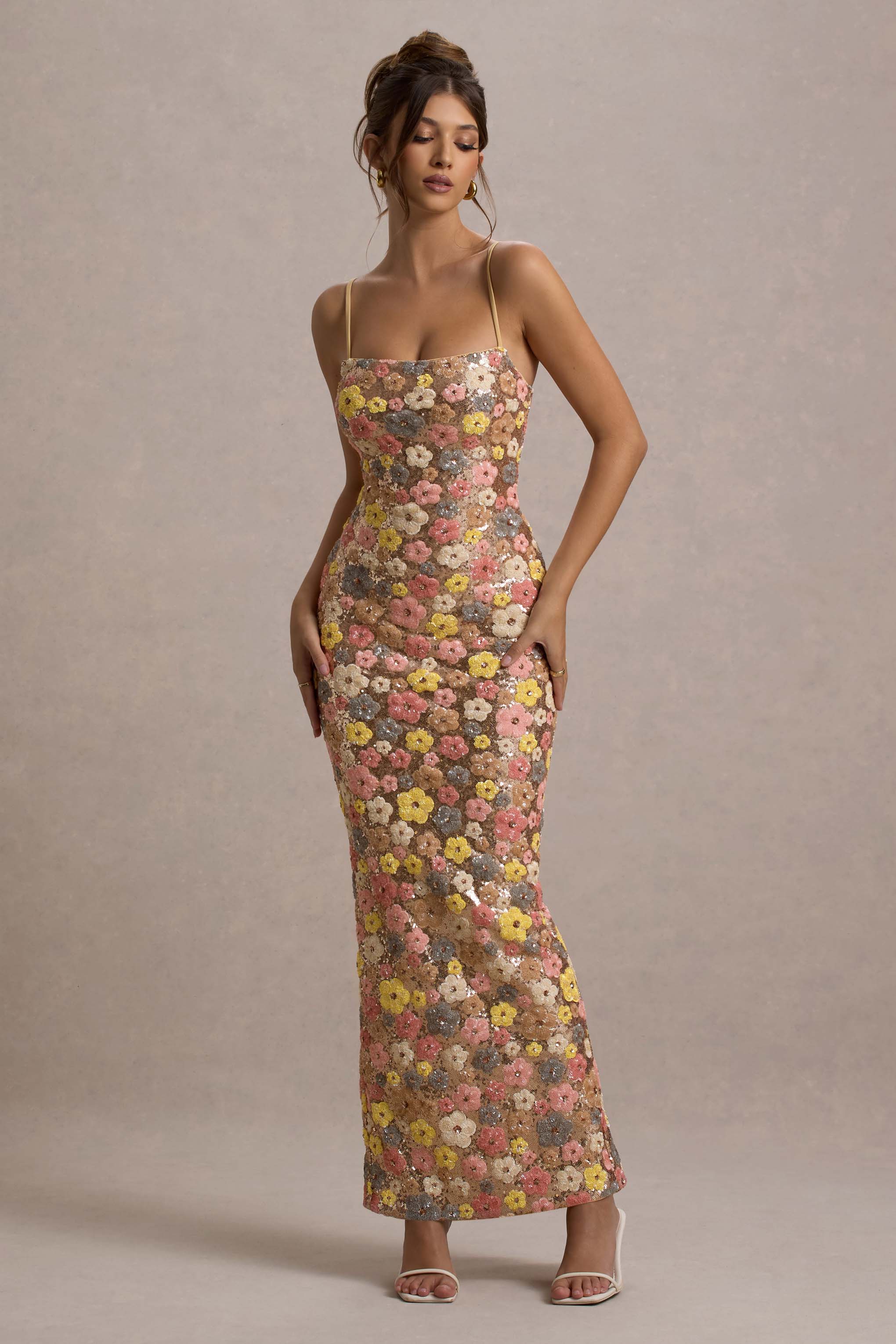 Lunovelle - Women's Elegant Floral Long Dress with Thin Straps