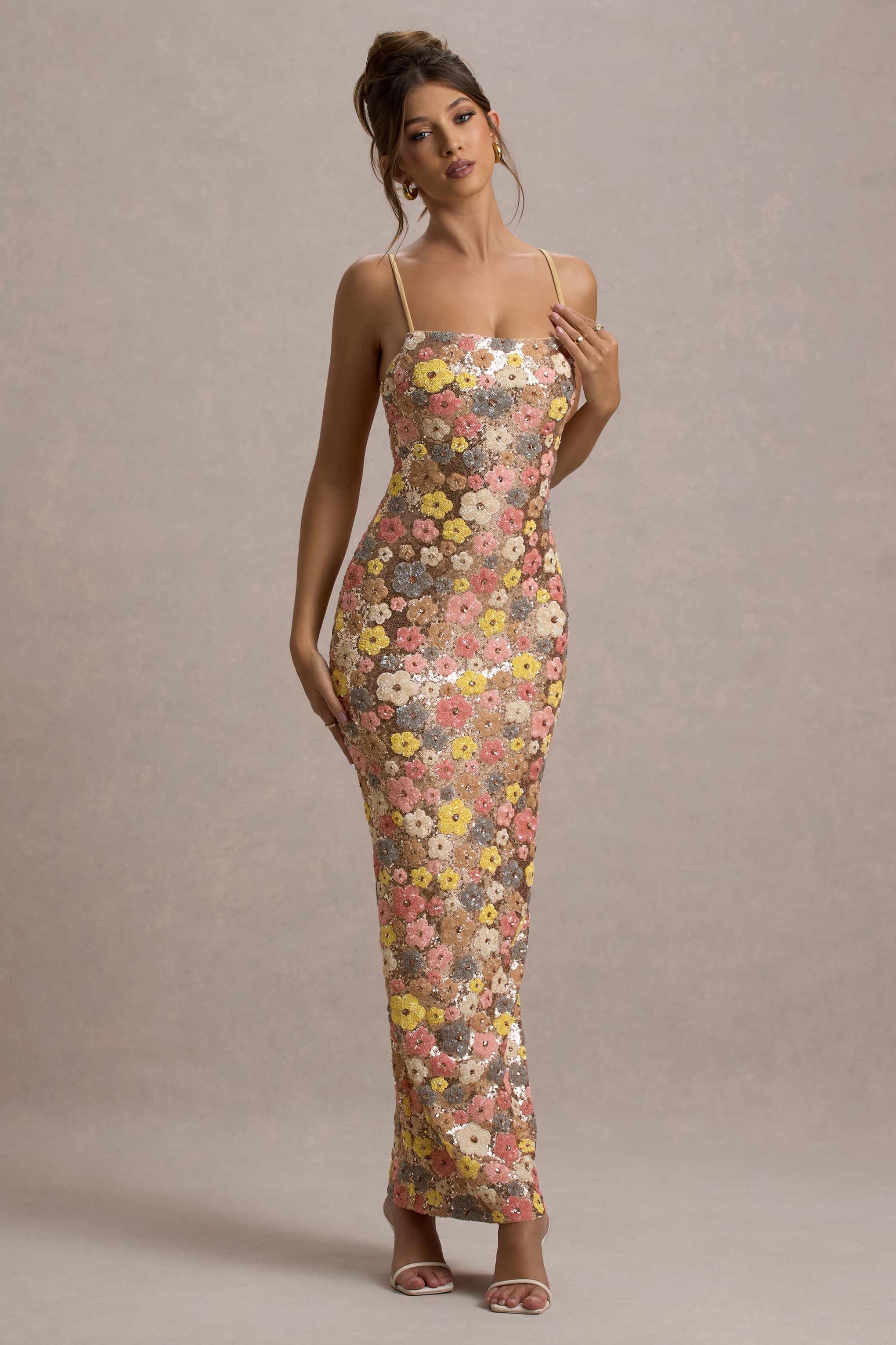 Lunovelle - Women's Elegant Floral Long Dress with Thin Straps