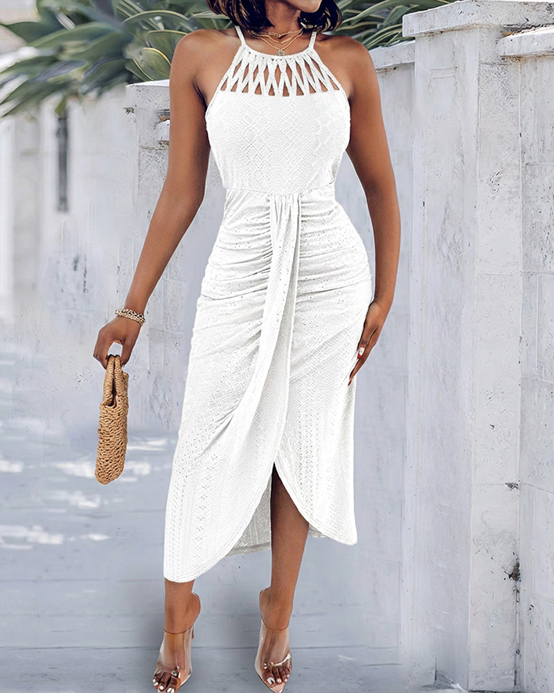 Fynovia - Women's elegant halter neck openwork jacquard split midi dress