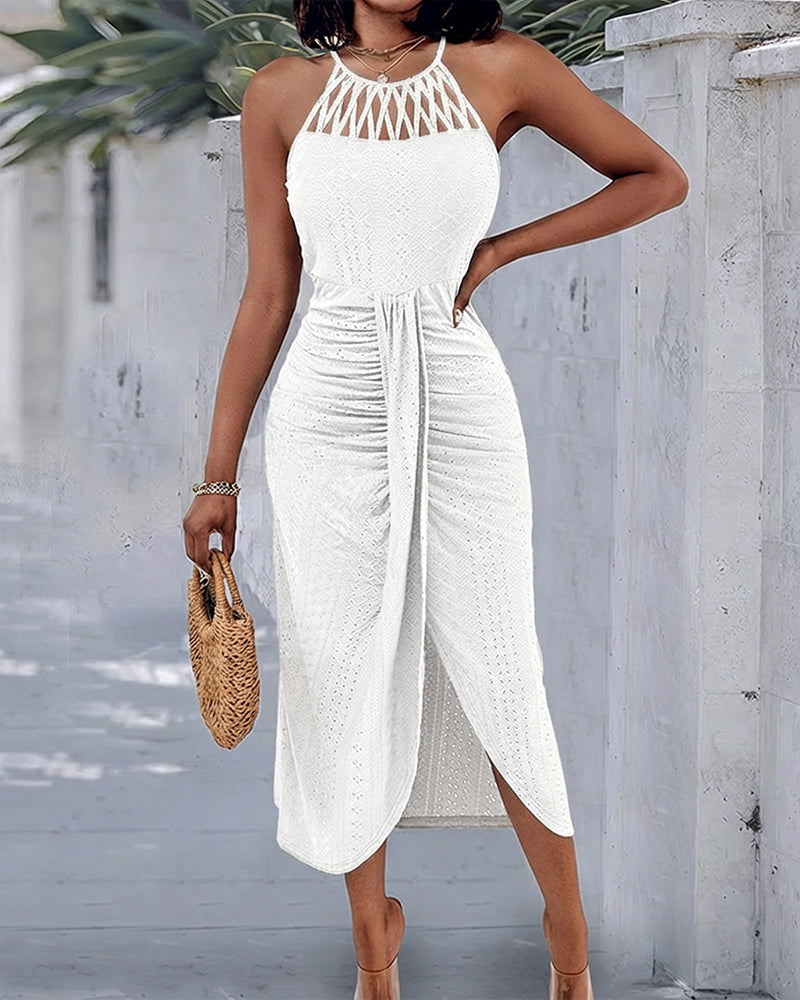 Fynovia - Women's elegant halter neck openwork jacquard split midi dress