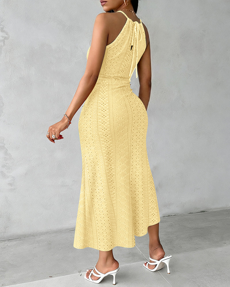 Fynovia - Women's elegant halter neck openwork jacquard split midi dress