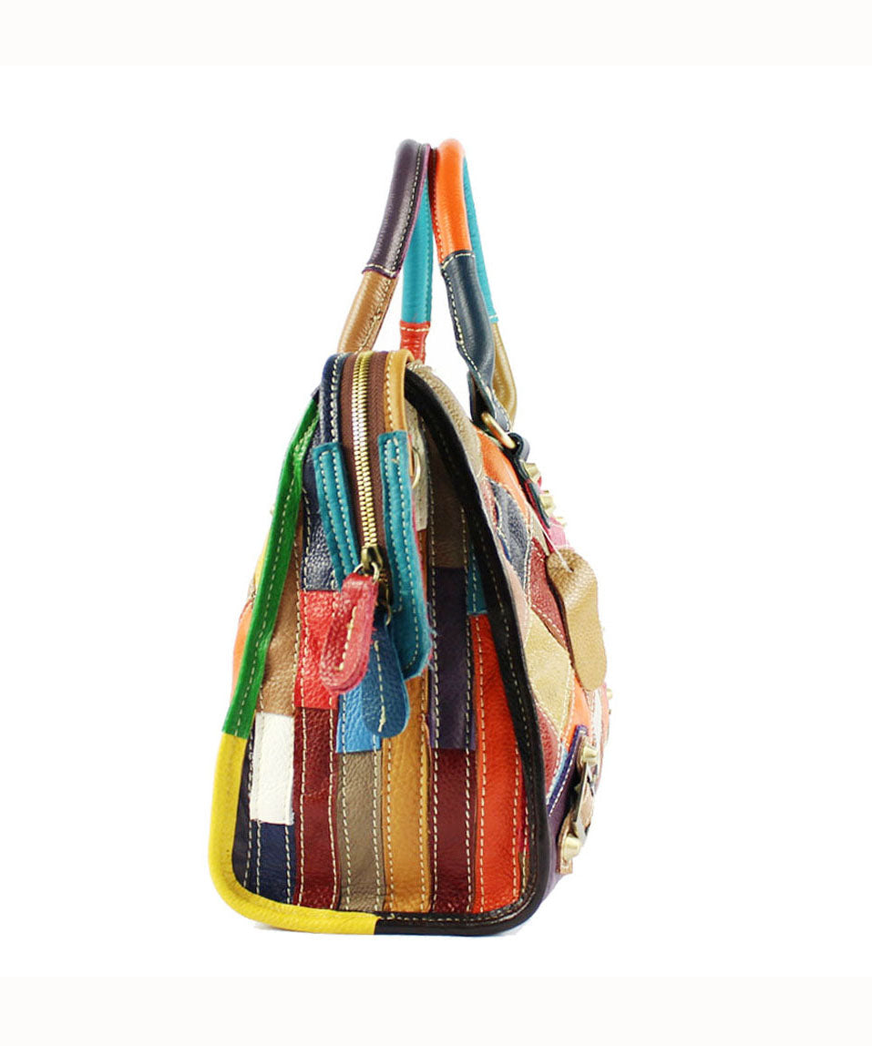 Gravina - Elegant patchwork calfskin tote bag with zipper and colorblock studs