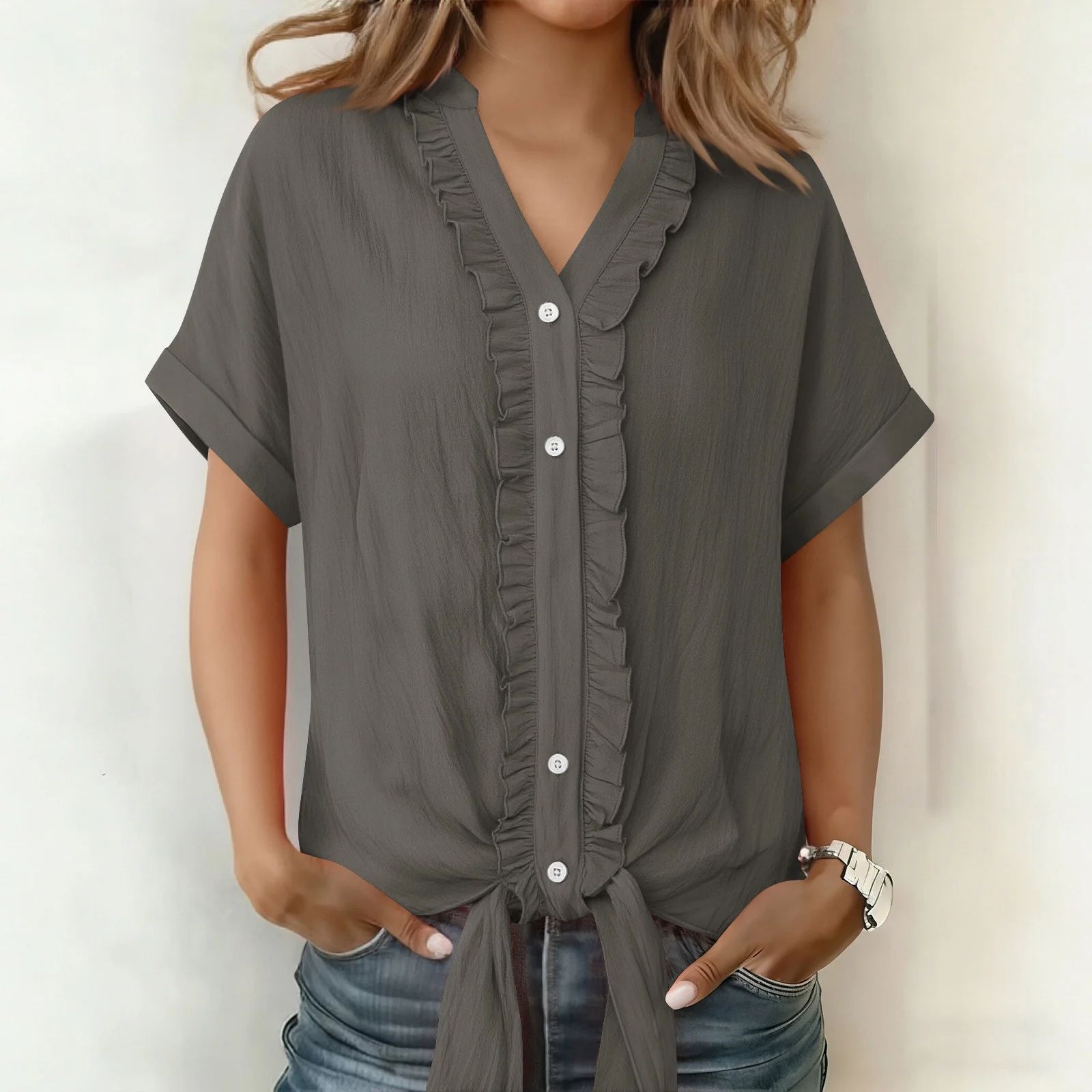 Kalyxa - Women's Cotton V-neck Short Sleeve Tie-front Summer Shirt