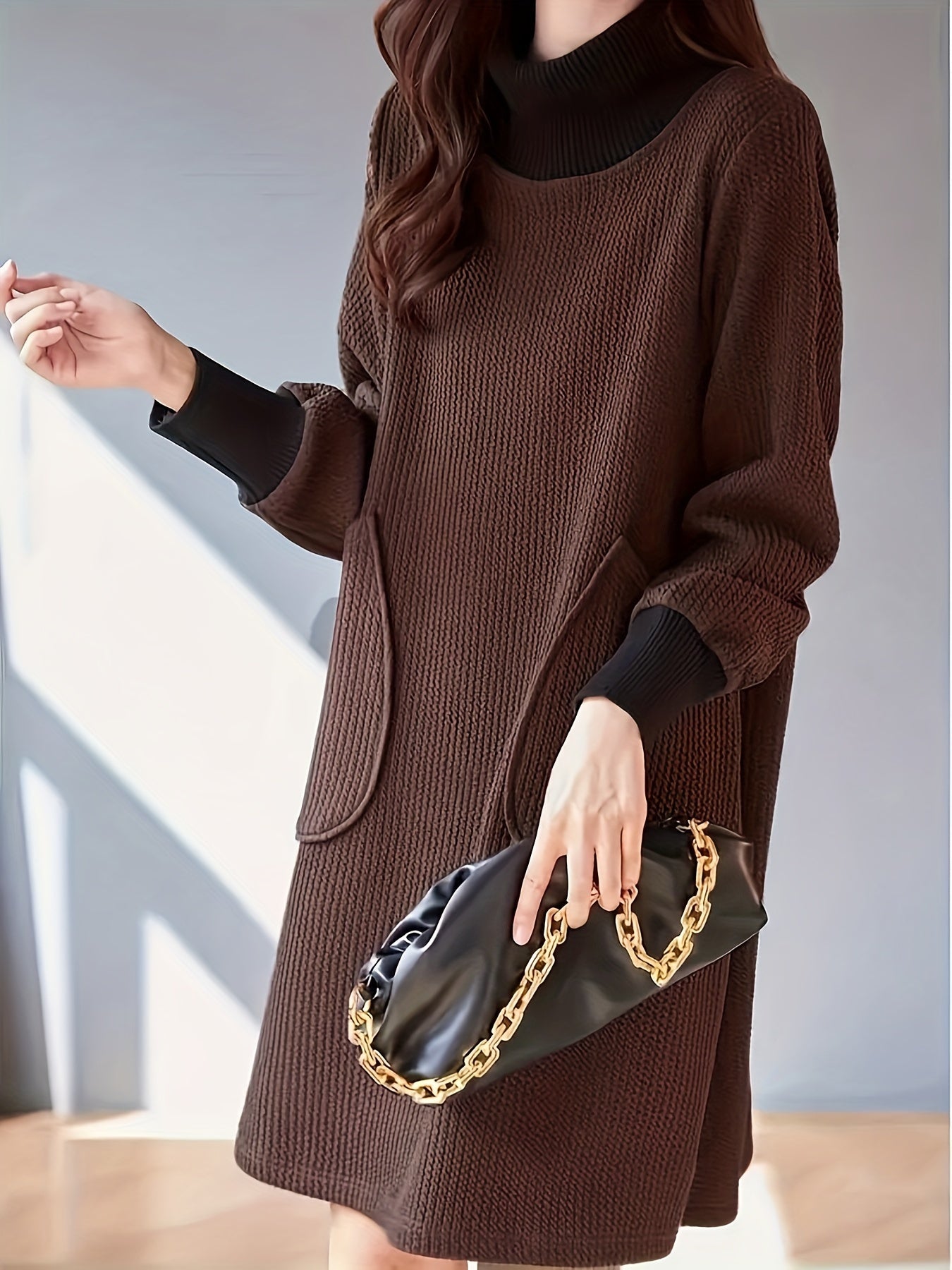 Lydie - Chic Midi Dress with High Neck and Raglan Sleeves
