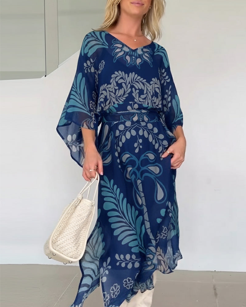 Praxellea - Women's Boho Maxi Dress Loose V-Neck Elegant Leaf Print