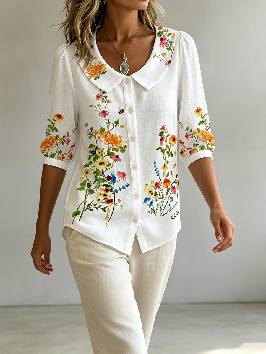 Mavessia - Women's vintage artistic floral print cotton and linen shirt