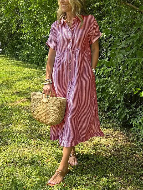 Melania - Striped shirt dress with lapels and buttons | With functional pockets