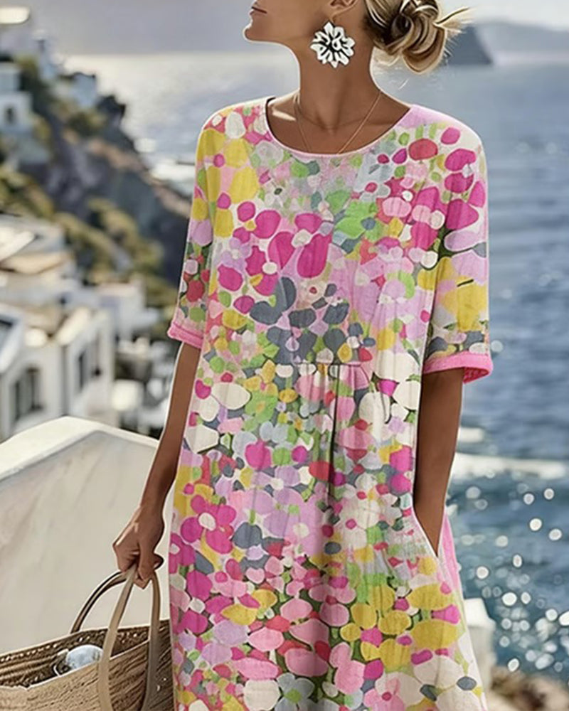 Averixa - Robe femme mi-longue imprimé floral abstrait coton lin été