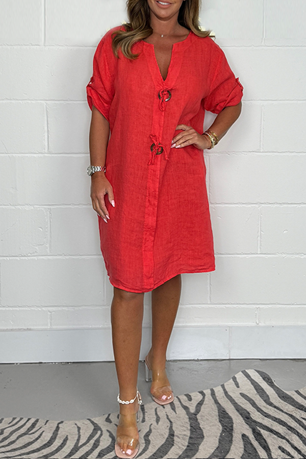 Kalythra - Women's Casual Linen Dress with Buttons and Short Sleeves