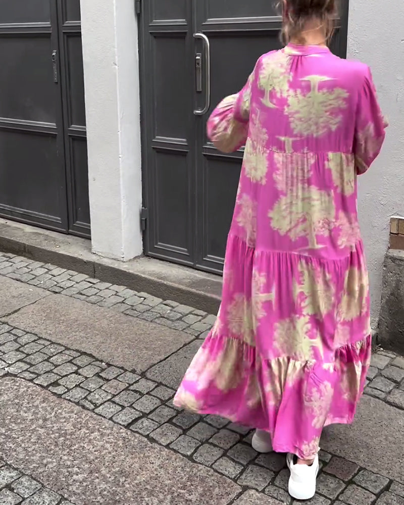 Greta - Loose Patchwork Dress with V-Neck and Printed Bell Sleeves