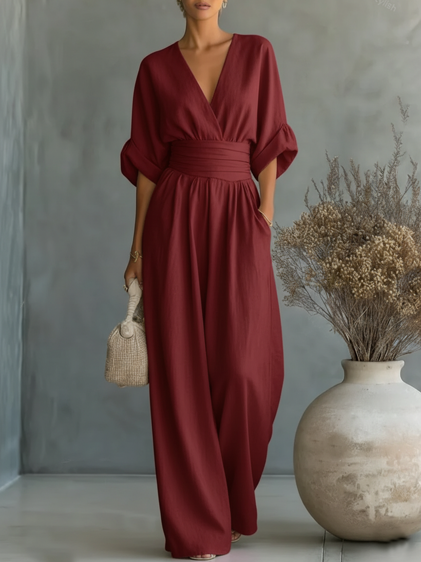Helyrae - Women's V-Neck Jumpsuit with Defined Waist and Fluid Cut