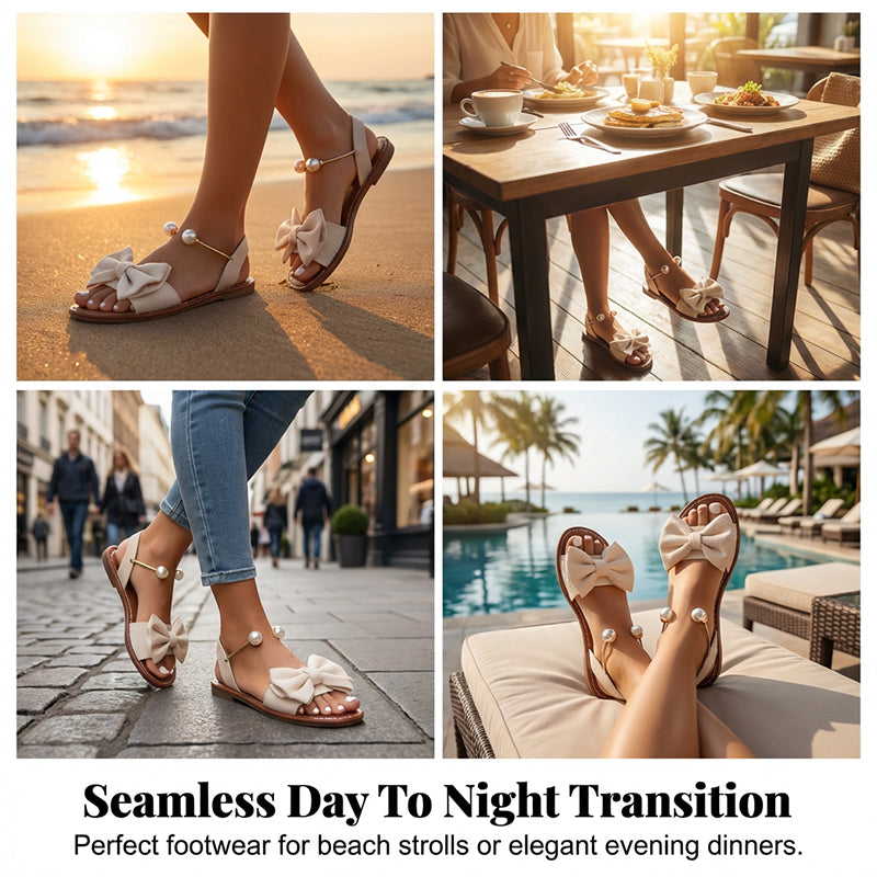 Jaxoria - Women's Flat Sandals with Decorative Bow and Pearls