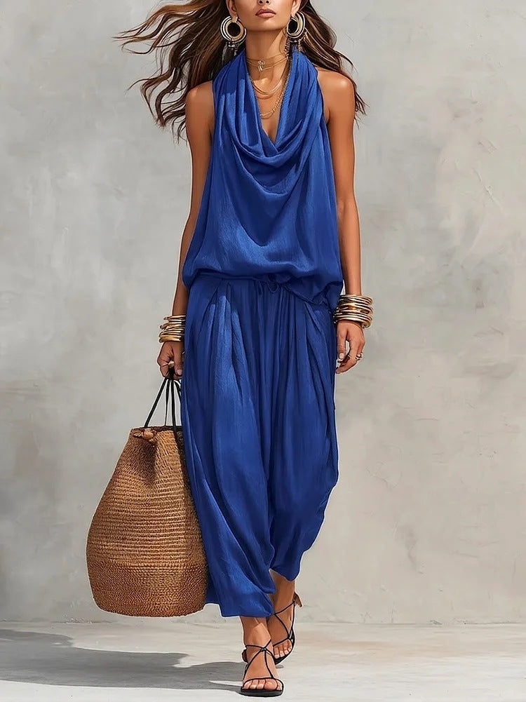 Qyraxa - Elegant two-piece flowing polyester women's set for summer evenings