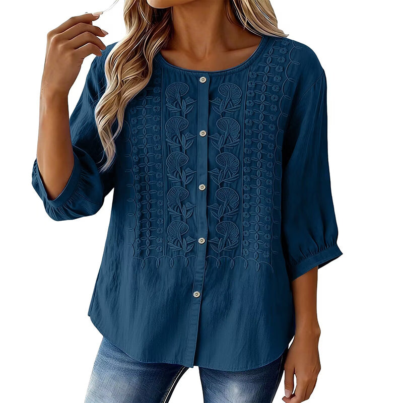 Sorivelle - Women's 3/4-Sleeve Cotton and Linen Embroidered Blouse