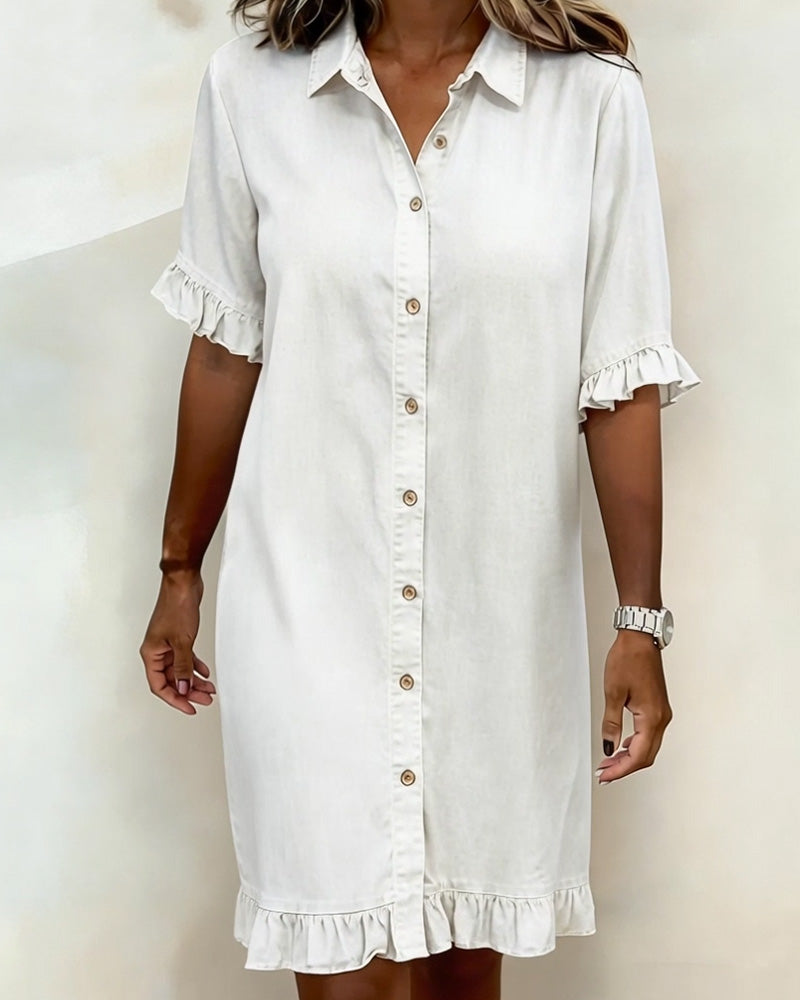 Glytha - Women's Denim Buttoned Dress with Ruffle Sleeves, Straight Casual Cut