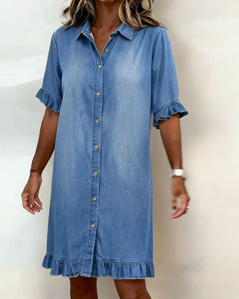 Glytha - Women's Denim Buttoned Dress with Ruffle Sleeves, Straight Casual Cut