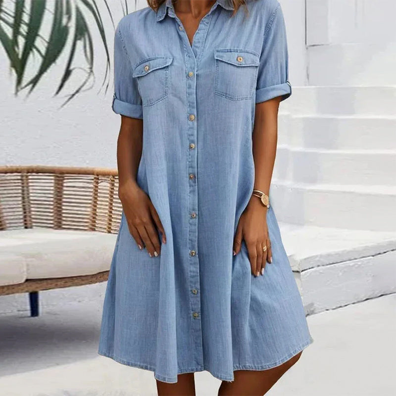Evelina - Midi Dress with Lapel Collar and Button