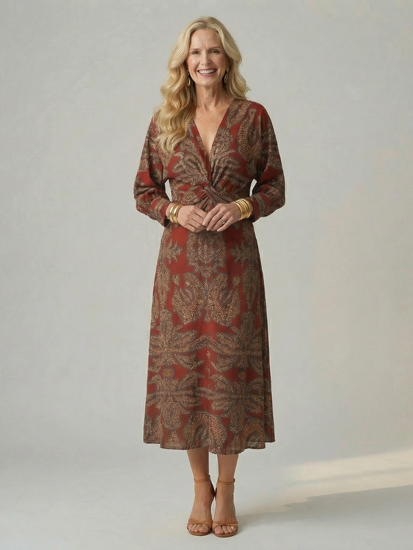 Falune - Women's elegant printed wrap midi dress with a fitted waist