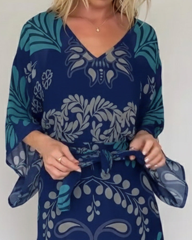 Praxellea - Women's Boho Maxi Dress Loose V-Neck Elegant Leaf Print