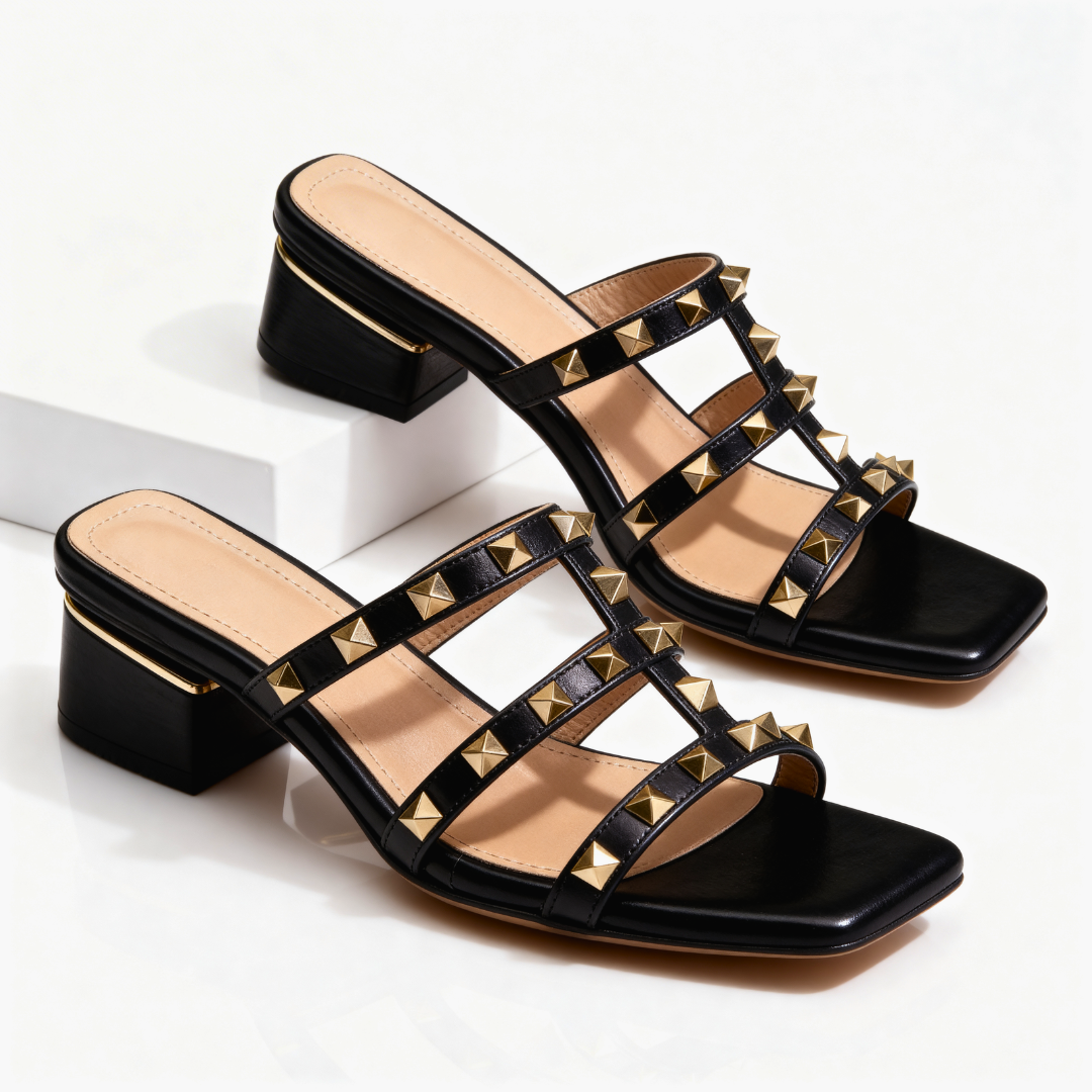 Frovelle - Women's studded leather sandals with comfortable sole and low heel, chic style