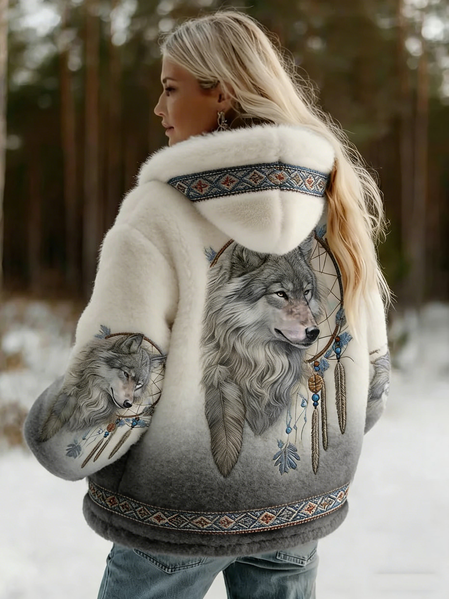 Dahlina - Women's Soft Hooded Jacket with Wolf Print 