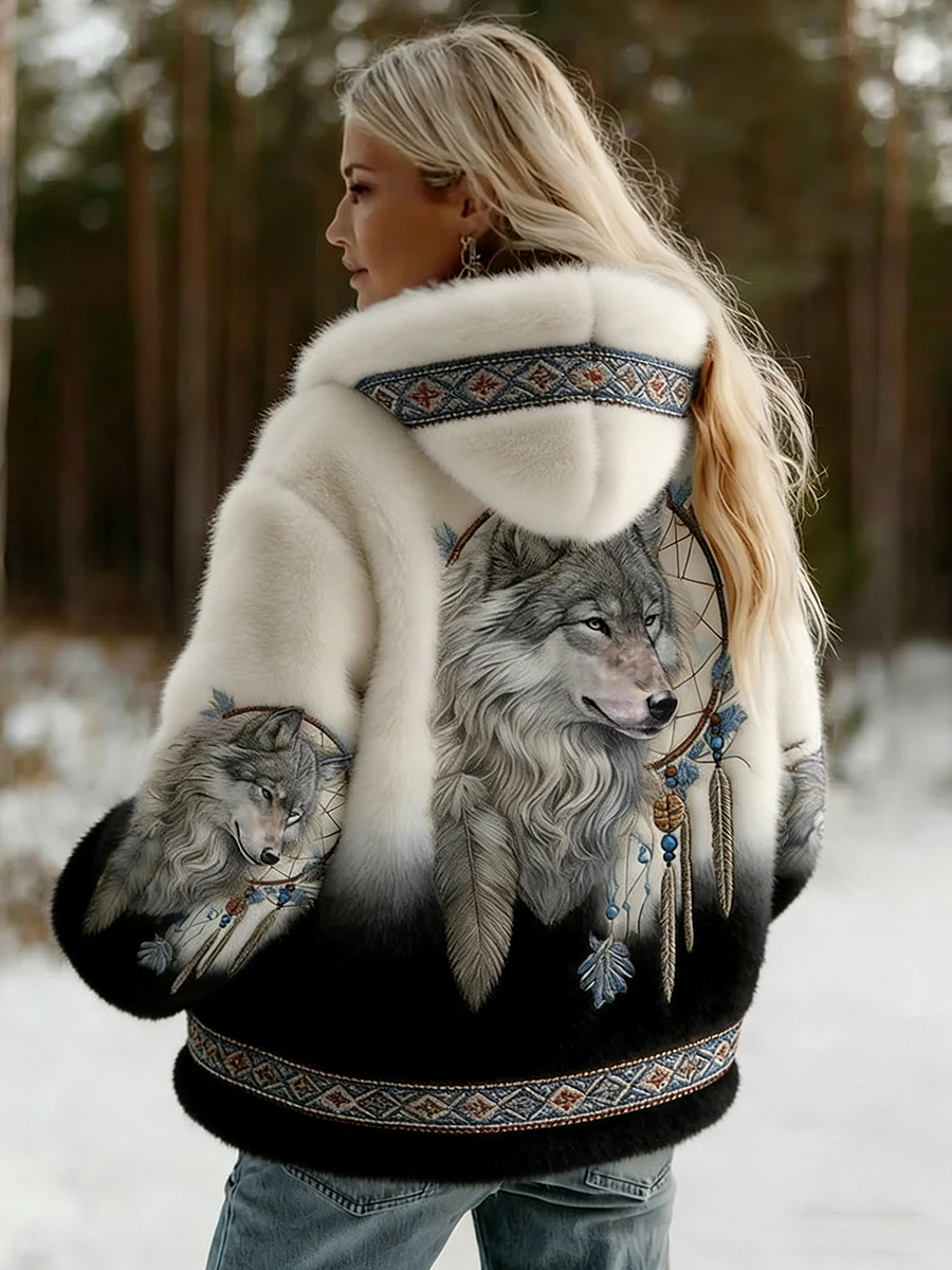 Dahlina - Women's Soft Hooded Jacket with Wolf Print 