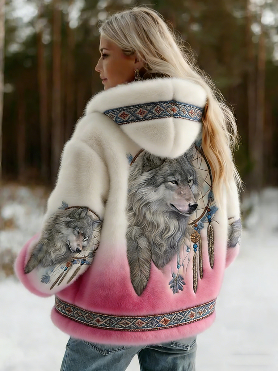 Dahlina - Women's Soft Hooded Jacket with Wolf Print 
