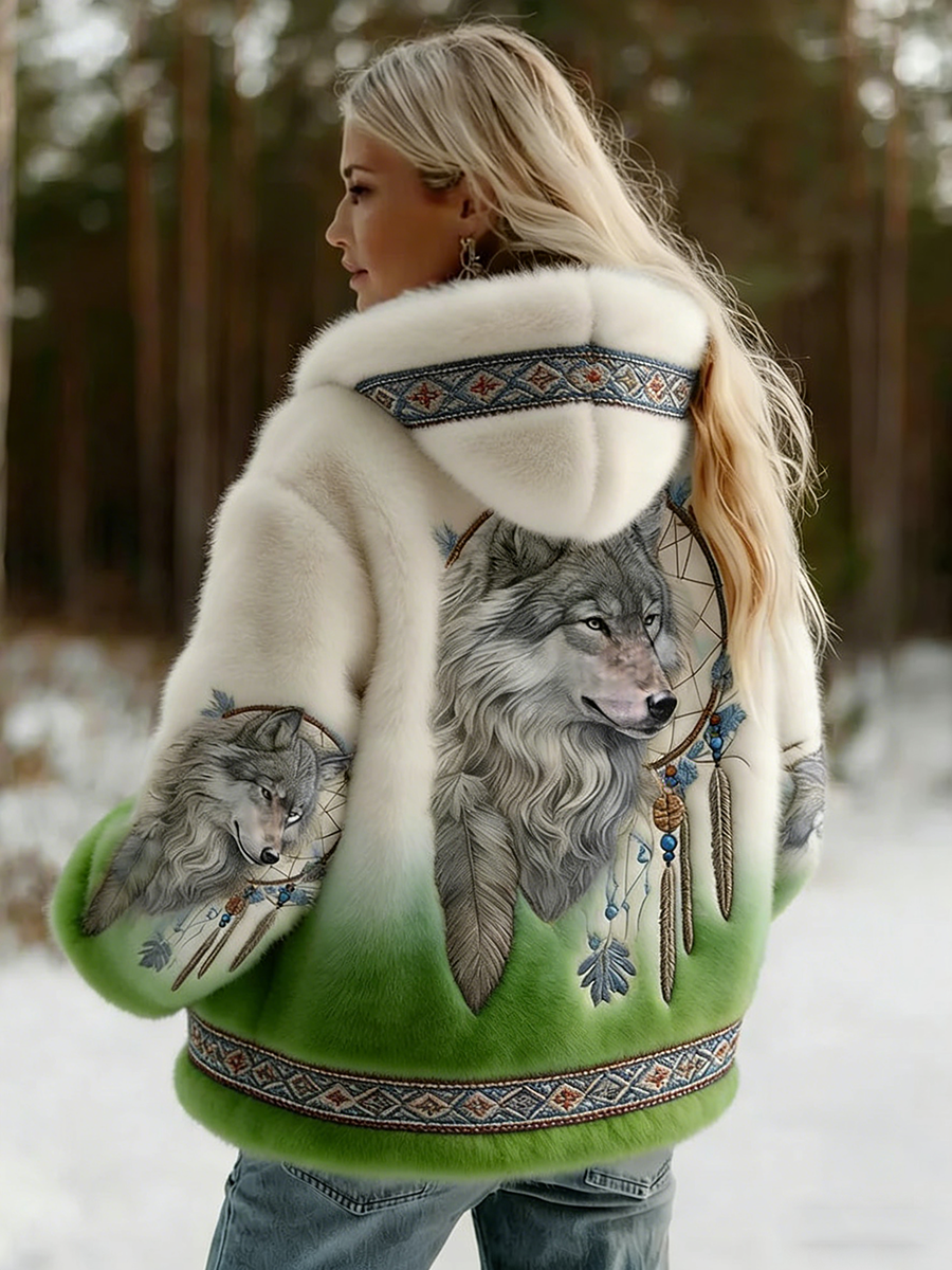 Dahlina - Women's Soft Hooded Jacket with Wolf Print 