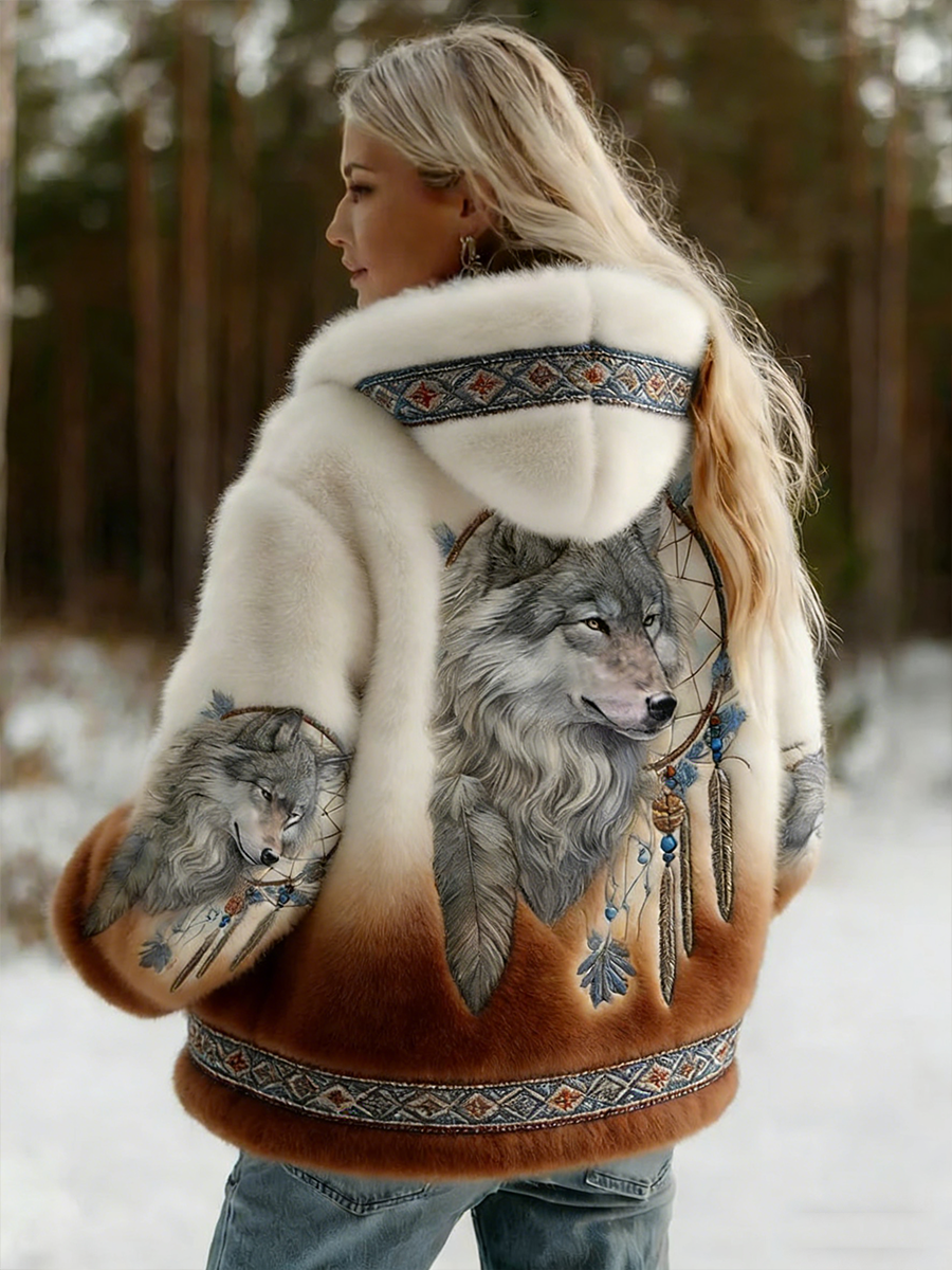Dahlina - Women's Soft Hooded Jacket with Wolf Print 