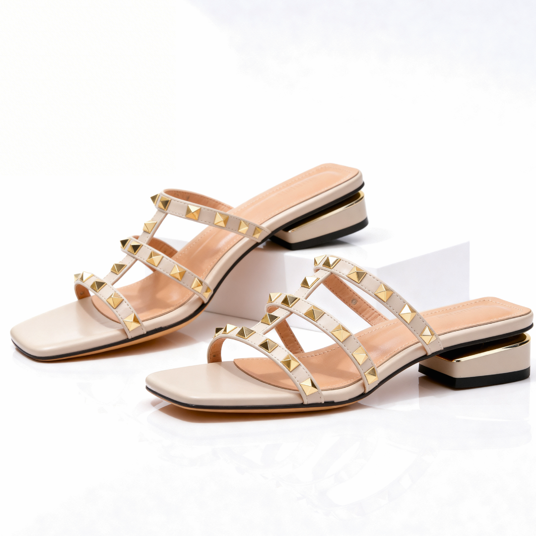 Frovelle - Women's studded leather sandals with comfortable sole and low heel, chic style