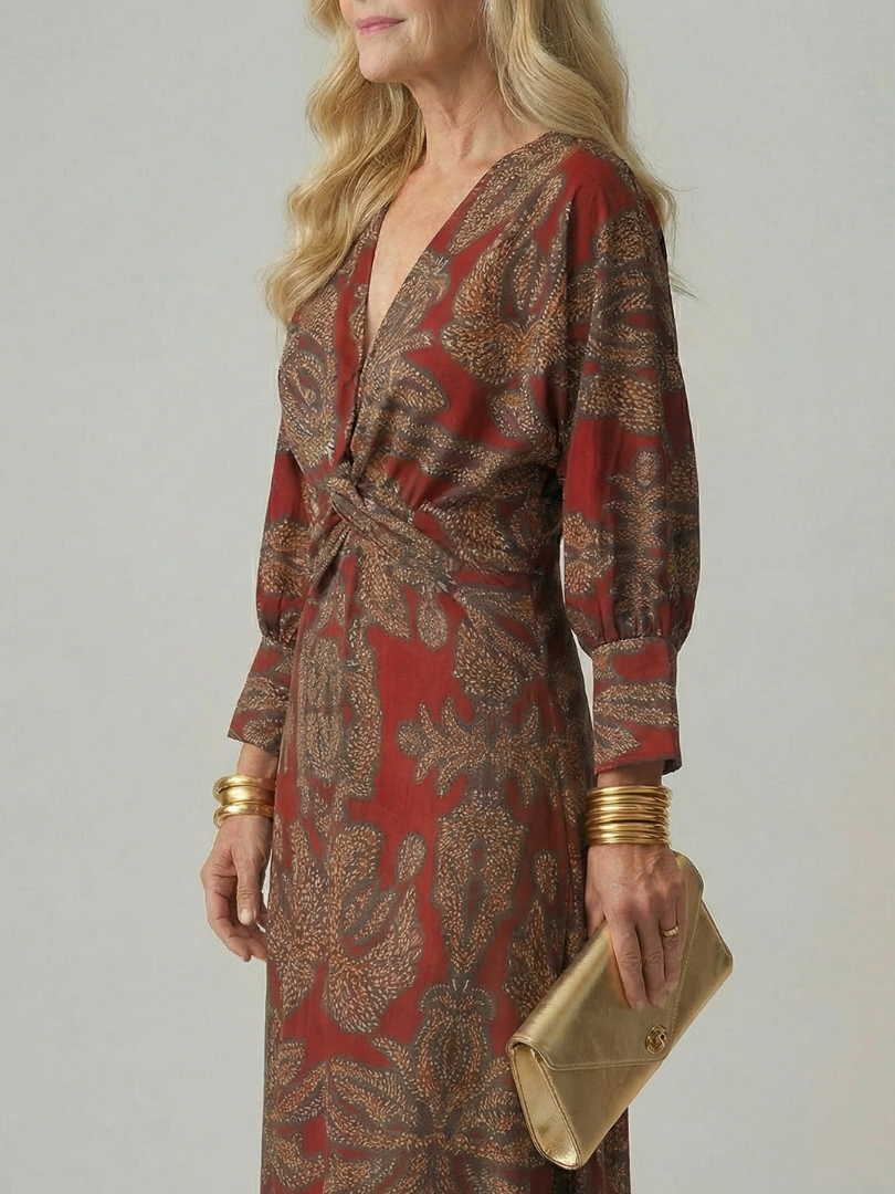 Falune - Women's elegant printed wrap midi dress with a fitted waist