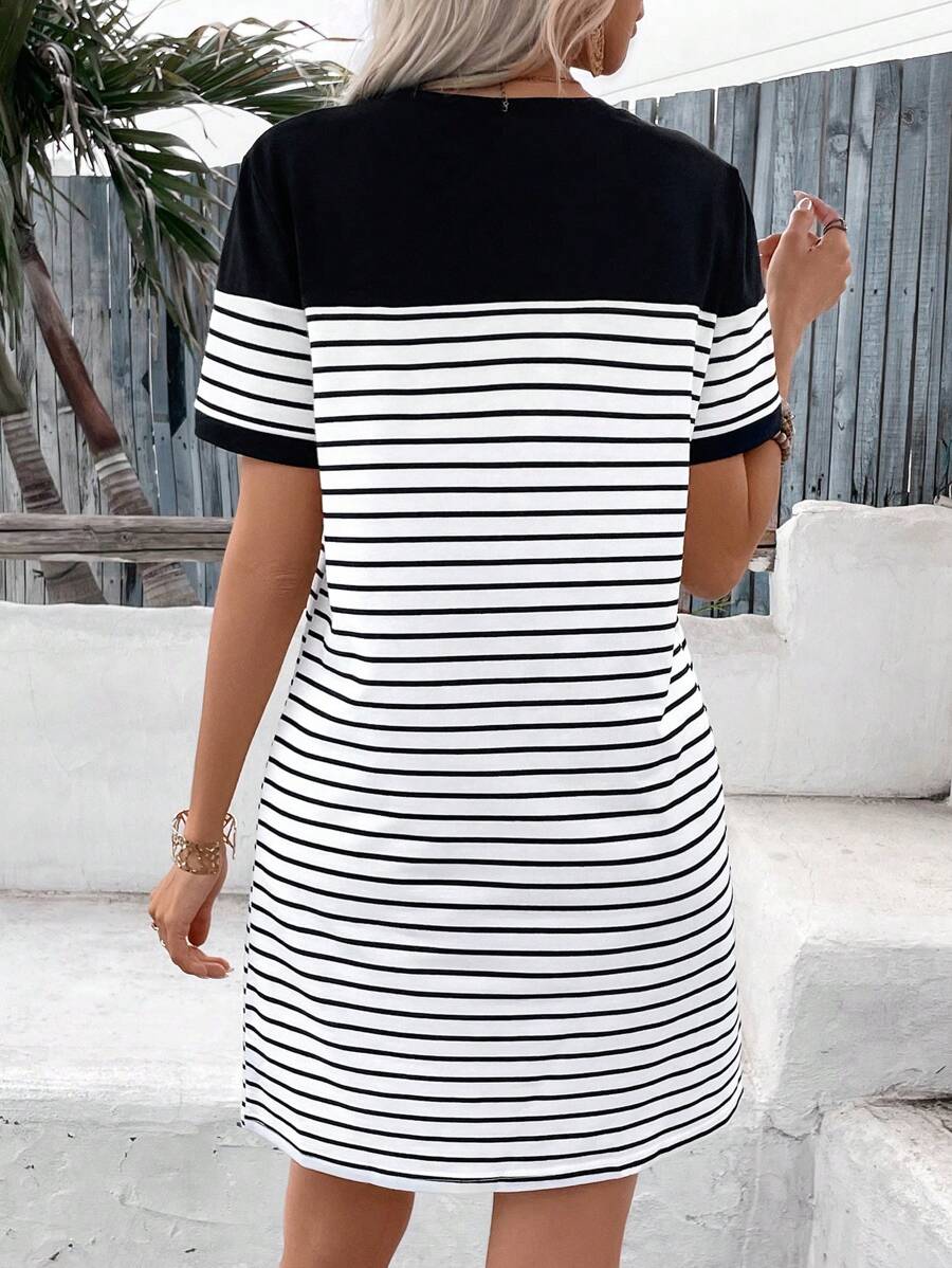 Leina - Casual Striped Dress with Heart Patchwork Print