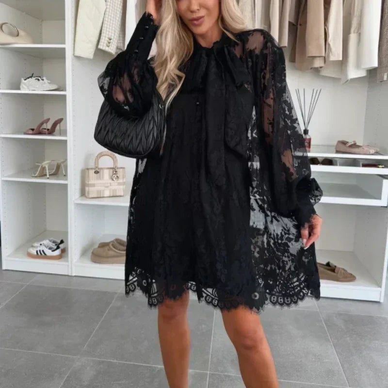 Flower - Elegant Lace Mini Dress with Bow