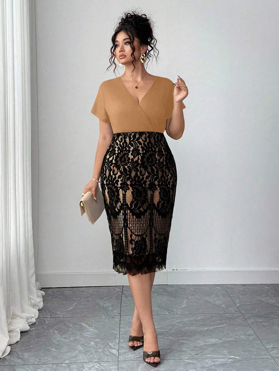 Ovelia - High-Waisted Lace Evening Dress with V-Neck and Short Sleeves 