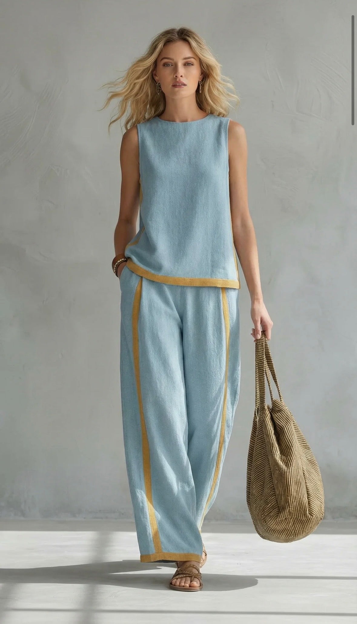Tavindra - Elegant Cotton Linen Women's Set – Sleeveless Top & Wide-Leg Pants